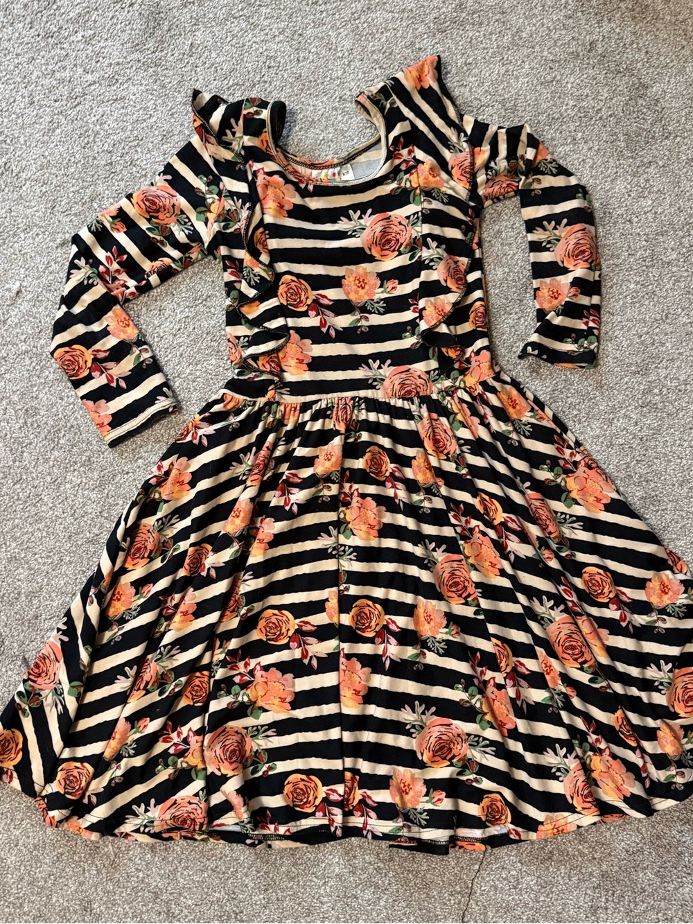 DotDotSmile Ruffle Soft Dress, Black & Cream Striped with Floral Print 8/10